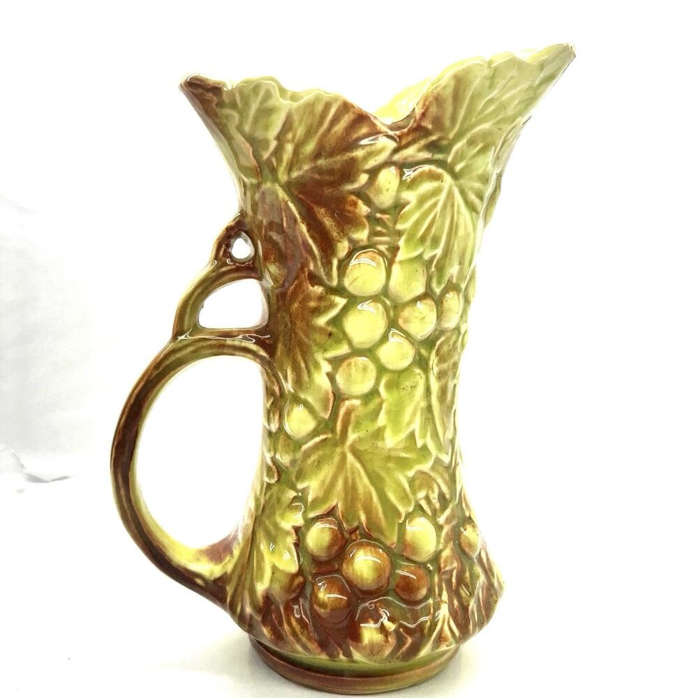 Vintage McCoy Pottery USA Yellow Ceramic Ewer Pitcher 3D GRAPE & LEAF Pattern